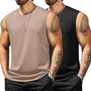 image:imageCOOFANDY Mens Tank Top Cotton Workout Sleeveless Muscle T Shirts Casual Summer Tank ShirtsBlackKhaki2 Pcs