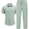 image:imageCOOFANDY Mens 2 Piece Sets Beach Outfits Cotton Short Sleeve Button Down Shirts Loose Pants Summer Vacation Casual OutfitsLight Green