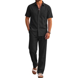 image:imageCOOFANDY Mens 2 Piece Sets Beach Outfits Cotton Short Sleeve Button Down Shirts Loose Pants Summer Vacation Casual OutfitsBlack