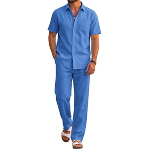 image:imageCOOFANDY Mens 2 Piece Sets Beach Outfits Cotton Short Sleeve Button Down Shirts Loose Pants Summer Vacation Casual OutfitsBlue