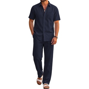 image:imageCOOFANDY Mens 2 Piece Sets Beach Outfits Cotton Short Sleeve Button Down Shirts Loose Pants Summer Vacation Casual OutfitsBlue Violet