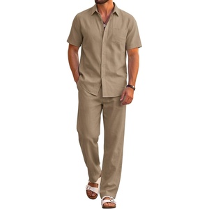 image:imageCOOFANDY Mens 2 Piece Sets Beach Outfits Cotton Short Sleeve Button Down Shirts Loose Pants Summer Vacation Casual OutfitsKhaki
