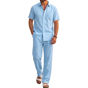 image:imageCOOFANDY Mens 2 Piece Sets Beach Outfits Cotton Short Sleeve Button Down Shirts Loose Pants Summer Vacation Casual OutfitsLight Blue