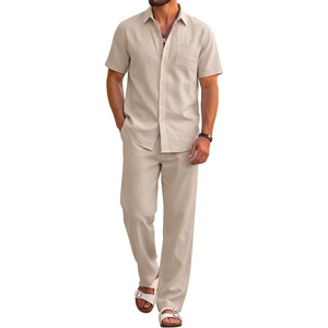 image:imageCOOFANDY Mens 2 Piece Sets Beach Outfits Cotton Short Sleeve Button Down Shirts Loose Pants Summer Vacation Casual OutfitsMoon Gray
