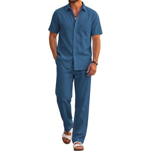 image:imageCOOFANDY Mens 2 Piece Sets Beach Outfits Cotton Short Sleeve Button Down Shirts Loose Pants Summer Vacation Casual OutfitsNavy