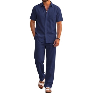 image:imageCOOFANDY Mens 2 Piece Sets Beach Outfits Cotton Short Sleeve Button Down Shirts Loose Pants Summer Vacation Casual OutfitsNavy Blue