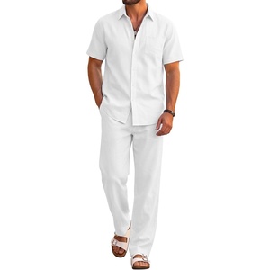 image:imageCOOFANDY Mens 2 Piece Sets Beach Outfits Cotton Short Sleeve Button Down Shirts Loose Pants Summer Vacation Casual OutfitsWhite