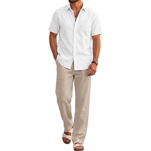 image:imageCOOFANDY Mens 2 Piece Sets Beach Outfits Cotton Short Sleeve Button Down Shirts Loose Pants Summer Vacation Casual OutfitsWhite ShirtMoon Gray Pants
