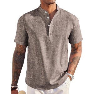 image:imageCOOFANDY Mens Linen Henley Shirt Short Sleeve Casual Summer Beach Hippie T ShirtsA Brown