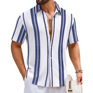 image:imageCOOFANDY Mens Short Sleeve Casual Shirts Button Down Striped Summer Shirts Textured Vacation Beach ShirtA WhiteDark Blue