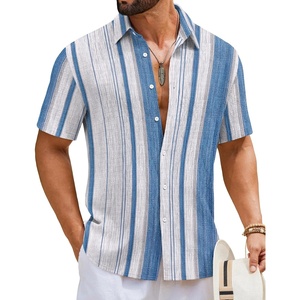 image:imageCOOFANDY Mens Short Sleeve Casual Shirts Button Down Striped Summer Shirts Textured Vacation Beach ShirtB WhiteBlue 02
