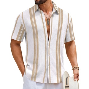 image:imageCOOFANDY Mens Short Sleeve Casual Shirts Button Down Striped Summer Shirts Textured Vacation Beach ShirtB WhiteKhaki