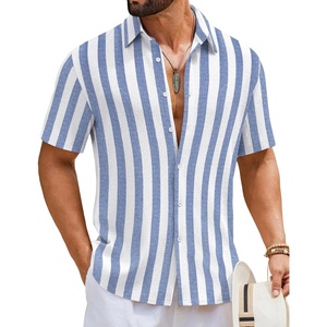 image:imageCOOFANDY Mens Short Sleeve Casual Shirts Button Down Striped Summer Shirts Textured Vacation Beach ShirtB WhiteLight Blue
