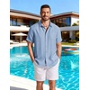image:imageCOOFANDY Linen Shirts for Men Short Sleeve Button Down Shirt Casual Beach Summer Vacation Shirt with PocketLight Blue