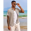 image:imageCOOFANDY Mens Button Down Shirts Short Sleeve Casual Summer Beach Vacation Wedding Shirt with PocketKhaki  Light Brown Plaid