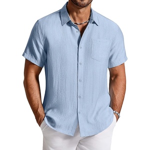 image:imageCOOFANDY Linen Shirts for Men Short Sleeve Button Down Shirt Casual Beach Summer Vacation Shirt with PocketLight Blue