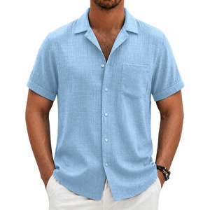 image:imageCOOFANDY Men Short Sleeve Button Down Shirts Summer Linen Textured Shirt Casual Beach Tops with Pocket02light Blue