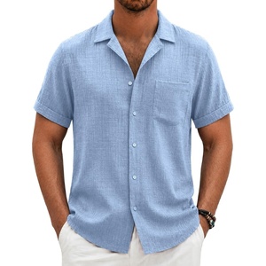 image:imageCOOFANDY Men Short Sleeve Button Down Shirts Summer Linen Textured Shirt Casual Beach Tops with PocketClear Blue