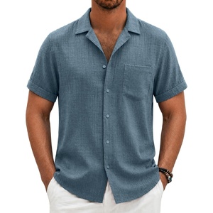 image:imageCOOFANDY Men Short Sleeve Button Down Shirts Summer Linen Textured Shirt Casual Beach Tops with PocketDark Blue