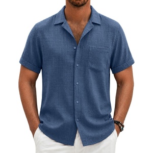 image:imageCOOFANDY Men Short Sleeve Button Down Shirts Summer Linen Textured Shirt Casual Beach Tops with PocketDenim Blue