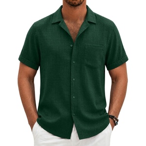 image:imageCOOFANDY Men Short Sleeve Button Down Shirts Summer Linen Textured Shirt Casual Beach Tops with PocketGreen