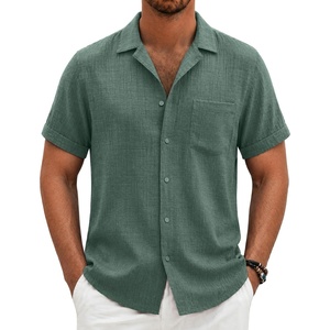 image:imageCOOFANDY Men Short Sleeve Button Down Shirts Summer Linen Textured Shirt Casual Beach Tops with PocketGrey Green