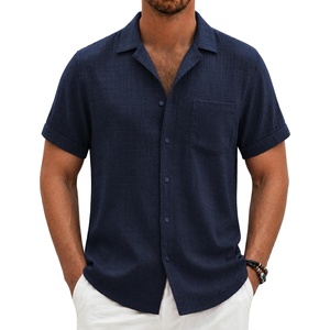 image:imageCOOFANDY Men Short Sleeve Button Down Shirts Summer Linen Textured Shirt Casual Beach Tops with PocketNavy Blue