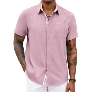 image:imageCOOFANDY Mens Button Down Shirts Short Sleeve Casual Summer Beach Vacation Wedding Shirt with PocketDeep Pink