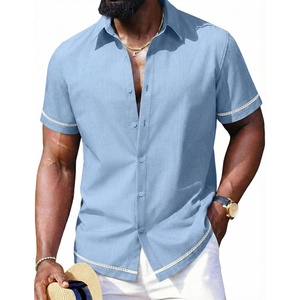 image:imageCOOFANDY Mens Button Down Short Sleeve Linen Shirt Casual Summer Beach Vacation ShirtsClear Blue
