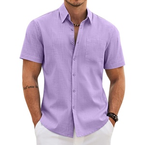 image:imageCOOFANDY Mens Button Down Short Sleeve Shirt Casual Cotton Summer Beach Wedding Linen Shirts with PocketLight Purple