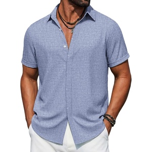 image:imageCOOFANDY Mens Button Down Short Sleeve Shirts Casual Summer Vacation Shirts Linen Beach Wedding ShirtLight Denim Blue