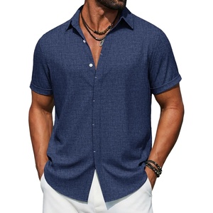 image:imageCOOFANDY Mens Button Down Short Sleeve Shirts Casual Summer Vacation Shirts Linen Beach Wedding ShirtNavy Blue