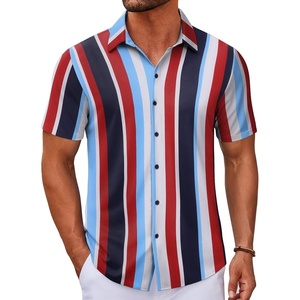image:imageCOOFANDY Mens Casual Button Down Short Sleeve Shirts Untucked Wrinkle Free Shirt Stretch Dress ShirtsBluered Stripes