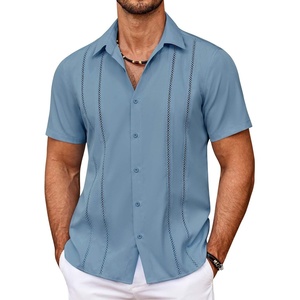 image:imageCOOFANDY Mens Cuban Guayabera Shirt Summer Beach Vacation Shirt Casual Short Sleeve Button Down Resort WearDenim Blue