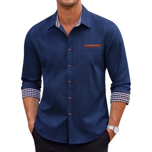 image:imageCOOFANDY Mens Long Sleeve Casual Button Down Shirts Untucked Shirts Plaid Collar Vintage Denim ShirtType 01  Dark Blue
