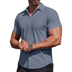 image:imageCOOFANDY Mens Muscle Fit Dress Shirts Stretch Wrinkle Free Short Sleeve Button Down Shirt Casual Solid Untucked ShirtAiry Blue