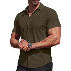 image:imageCOOFANDY Mens Muscle Fit Dress Shirts Stretch Wrinkle Free Short Sleeve Button Down Shirt Casual Solid Untucked ShirtArmy Green
