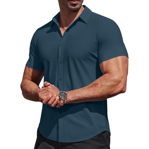 image:imageCOOFANDY Mens Muscle Fit Dress Shirts Stretch Wrinkle Free Short Sleeve Button Down Shirt Casual Solid Untucked ShirtDark Blue