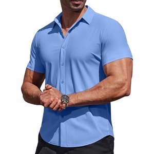 image:imageCOOFANDY Mens Muscle Fit Dress Shirts Stretch Wrinkle Free Short Sleeve Button Down Shirt Casual Solid Untucked ShirtLight Blue