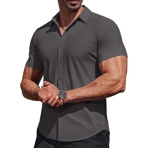 image:imageCOOFANDY Mens Muscle Fit Dress Shirts Stretch Wrinkle Free Short Sleeve Button Down Shirt Casual Solid Untucked ShirtMedium Gray