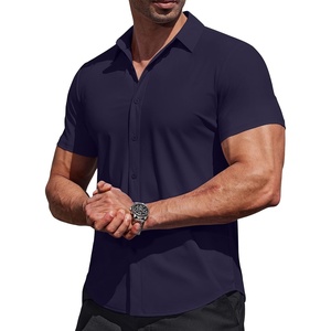 image:imageCOOFANDY Mens Muscle Fit Dress Shirts Stretch Wrinkle Free Short Sleeve Button Down Shirt Casual Solid Untucked ShirtNavy Blue