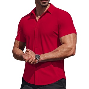image:imageCOOFANDY Mens Muscle Fit Dress Shirts Stretch Wrinkle Free Short Sleeve Button Down Shirt Casual Solid Untucked ShirtRed