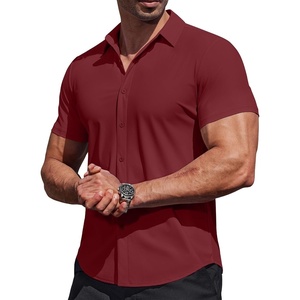 image:imageCOOFANDY Mens Muscle Fit Dress Shirts Stretch Wrinkle Free Short Sleeve Button Down Shirt Casual Solid Untucked ShirtWine Red
