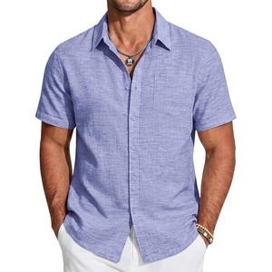 image:imageCOOFANDY Mens Short Sleeve Button Down Shirts Casual Linen Shirts for Men Textured Summer Beach ShirtDenim Blue