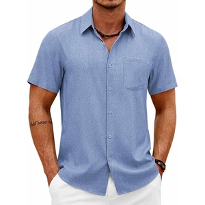 image:imageCOOFANDY Mens Short Sleeve Button Down Shirts Casual Summer Shirts Linen Beach Shirt with PocketBlue