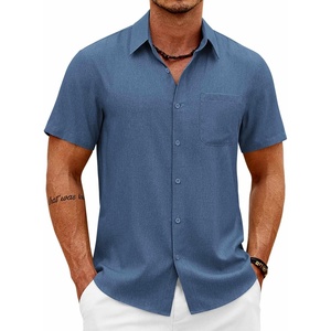 image:imageCOOFANDY Mens Short Sleeve Button Down Shirts Casual Summer Shirts Linen Beach Shirt with PocketDark Blue