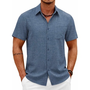 image:imageCOOFANDY Mens Short Sleeve Button Down Shirts Casual Summer Shirts Linen Beach Shirt with PocketDenim Blue