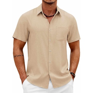 image:imageCOOFANDY Mens Short Sleeve Button Down Shirts Casual Summer Shirts Linen Beach Shirt with PocketLight Khaki