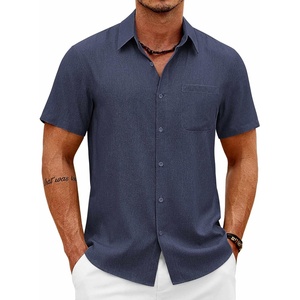 image:imageCOOFANDY Mens Short Sleeve Button Down Shirts Casual Summer Shirts Linen Beach Shirt with PocketNavy Blue