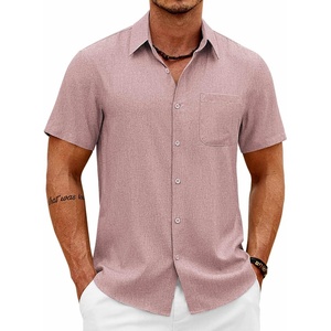 image:imageCOOFANDY Mens Short Sleeve Button Down Shirts Casual Summer Shirts Linen Beach Shirt with PocketPink